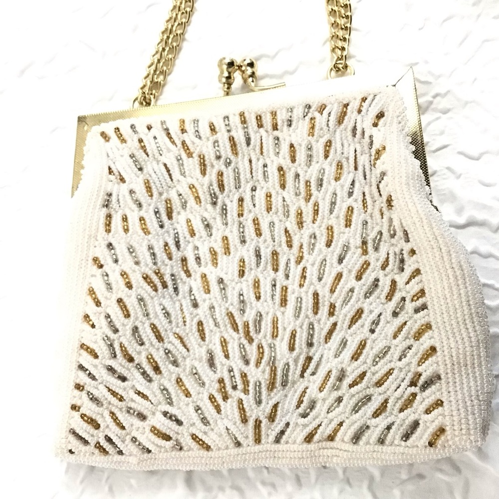 Vintage 1950s-1960s Walborg Hong Kong Ivory, Silver & Gold Beaded Mini  Purse. - Picture 4 of 9